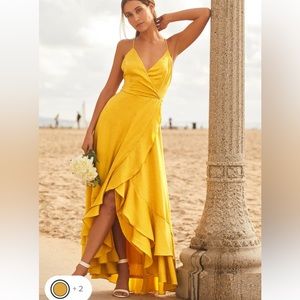 Lulus in love forever mustard yellow satin lace up high low maxi dress